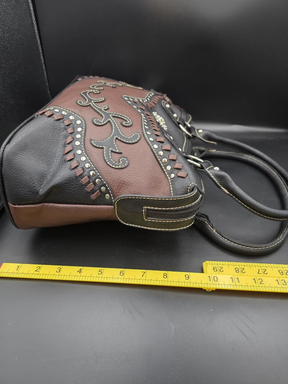 Embellished Two-Tone Black and Brown Satchel Handbag